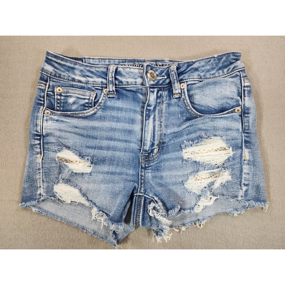 American Eagle Hi-Rise Shortie Size 6 Lace Pocket Distressed Festival Stretch